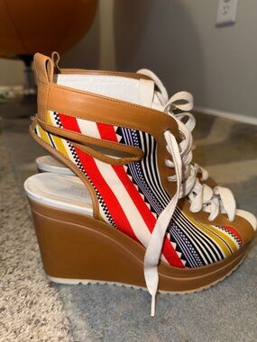 Hermes Multicolor Striped Lace-Up Wedge Sandals - Tan, Navy, Red, Yellow